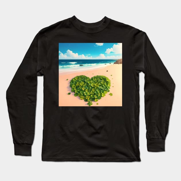 Heart Shaped Four Leaf Clover Patch On Beach 4 Long Sleeve T-Shirt by MiracleROLart